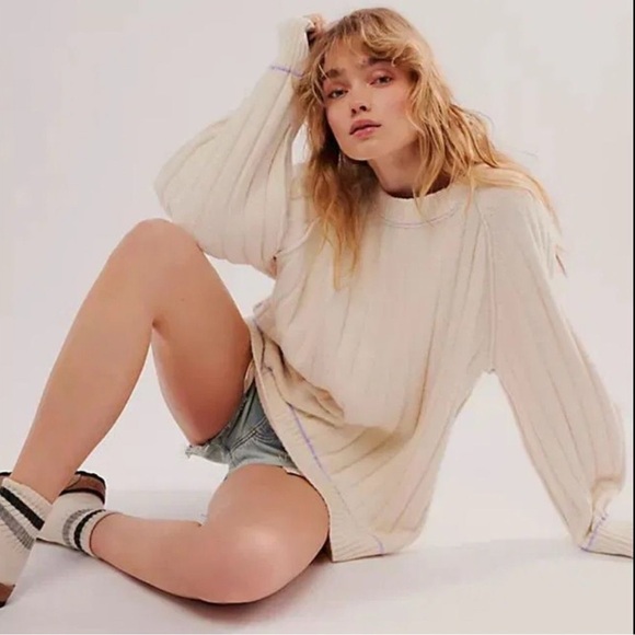 Free People Sweaters - Free People Venus chunky Knit Tunic Sweater contrast trim cream oversized